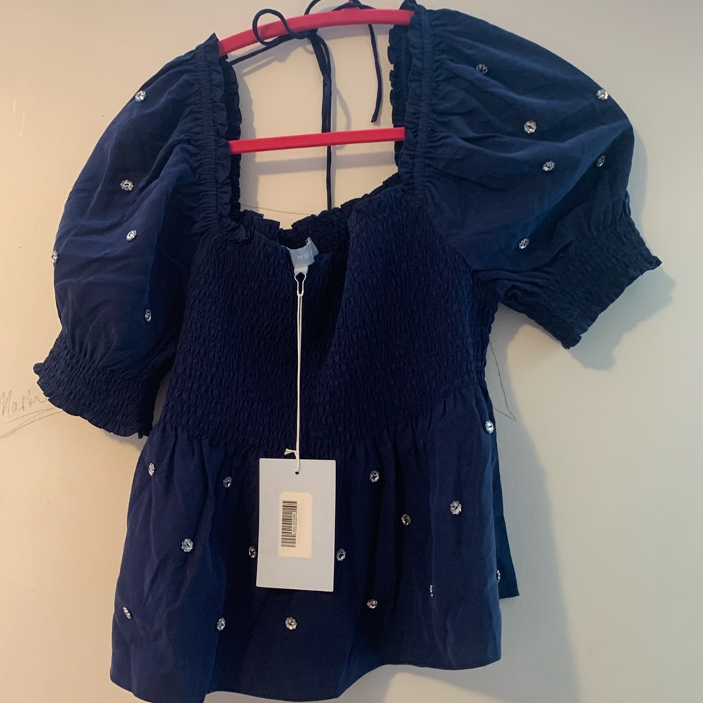 Hill House navy smocked top with jewels